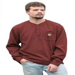 Hot Sale 🧨 Lincoln Outfitters Men's Long Sleeve Bedford Henley Red - BRK-E0379 - Long Sleeve Shirts 🔔